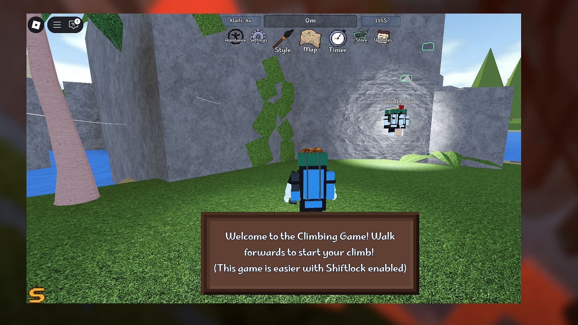 A wall and holds in Climbing Game (Image via Roblox)